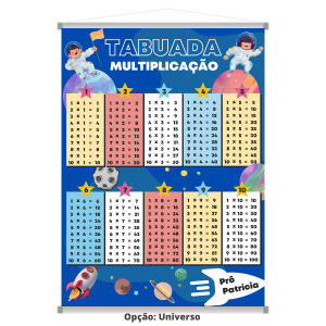 Banner escolar memorização da tabuada do 1 ao 10 Lona fosca 480g 60x80cm colorido  Madeira, ponteira e cordinha 