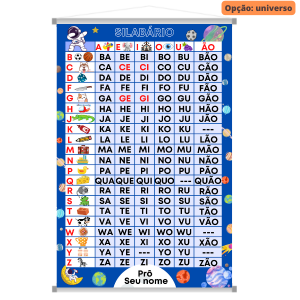 Banner escolar silabário - simples Lona fosca 480g 60x90cm colorido  Madeira, ponteira e cordinha 